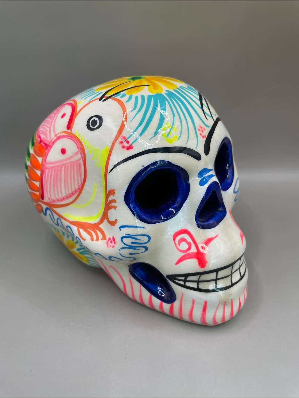 Hermosa Talavera Skull Mexico Day Of The Dead Halloween MultiColor Hand painted